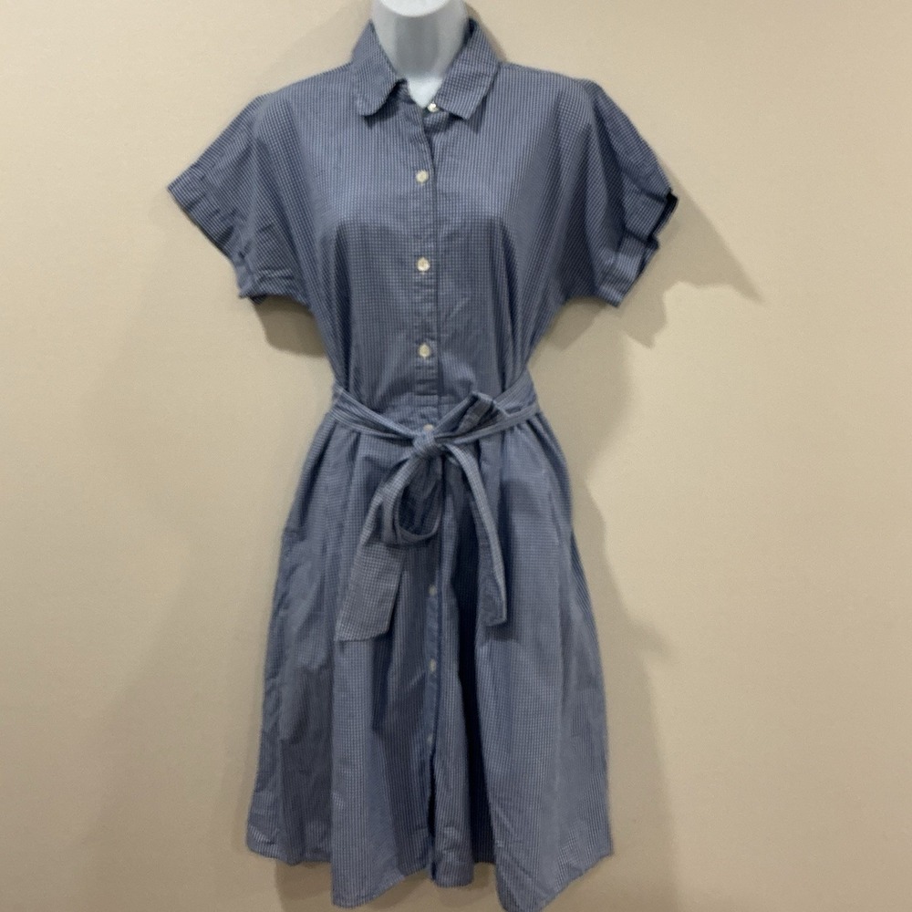 Lands End Gingham Blue White Nautical Preppy Pockets Button Up Shirt Dress Sz 10